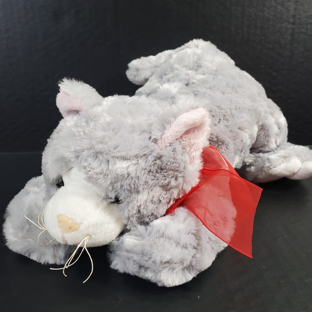 Best Made Toys‎ Gray Cat Plush Crouching Stuffed Animal 10" Long Red Sheer Bow